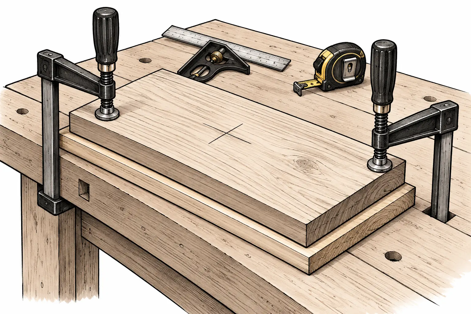 Ink illustration of a board clamped over a backing board with a center mark, square, and tape measure