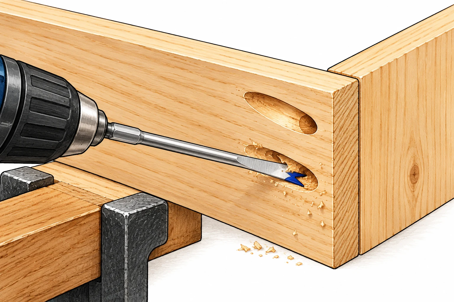 Ink and watercolor illustration of a slim silver spade bit shaping an angled pocket on a clamped pine board near a square corner joint