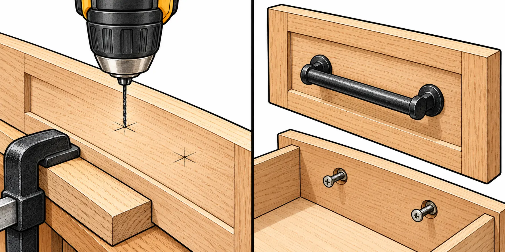 Ink illustration of a thin twist bit starting two marked drawer-front holes beside a level installed pull and screws from inside the drawer