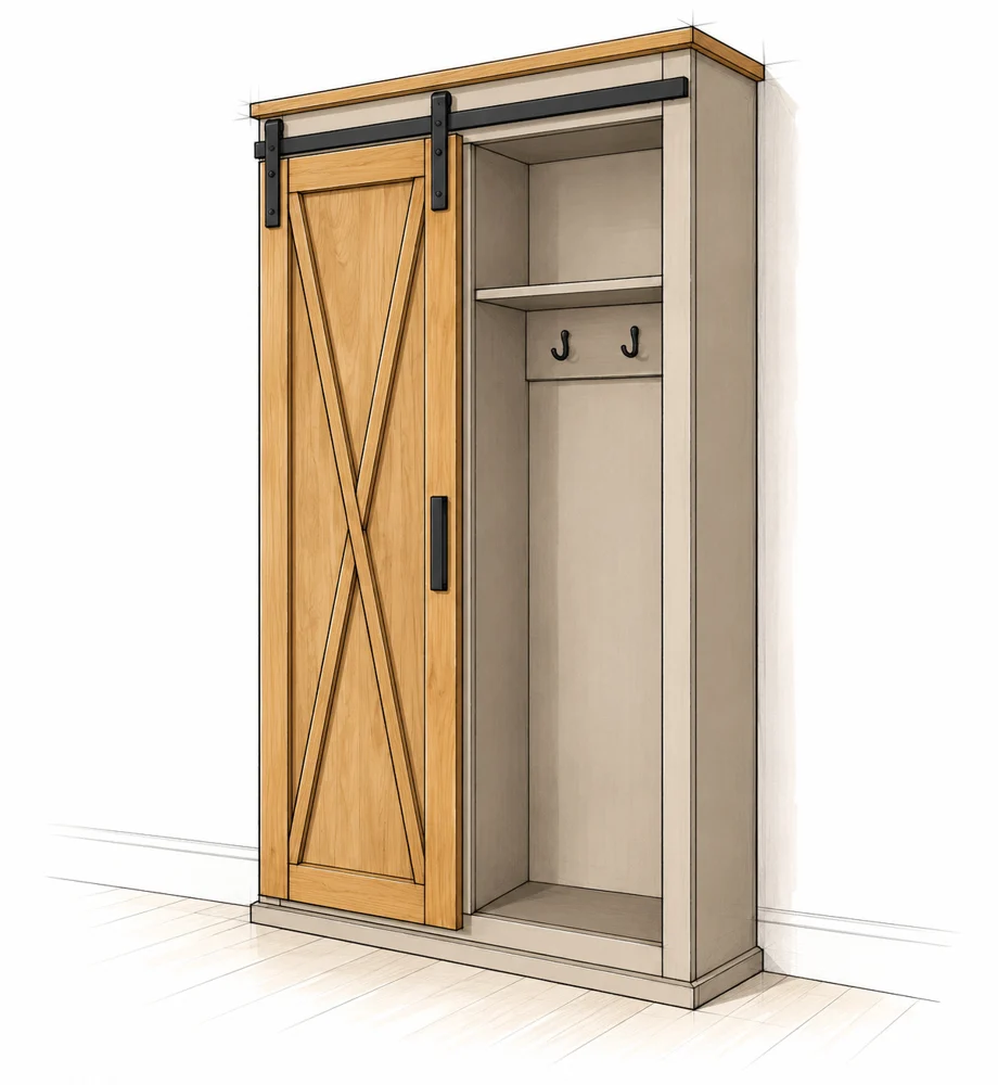 Entryway Barn Door Cabinet illustrated woodworking plan