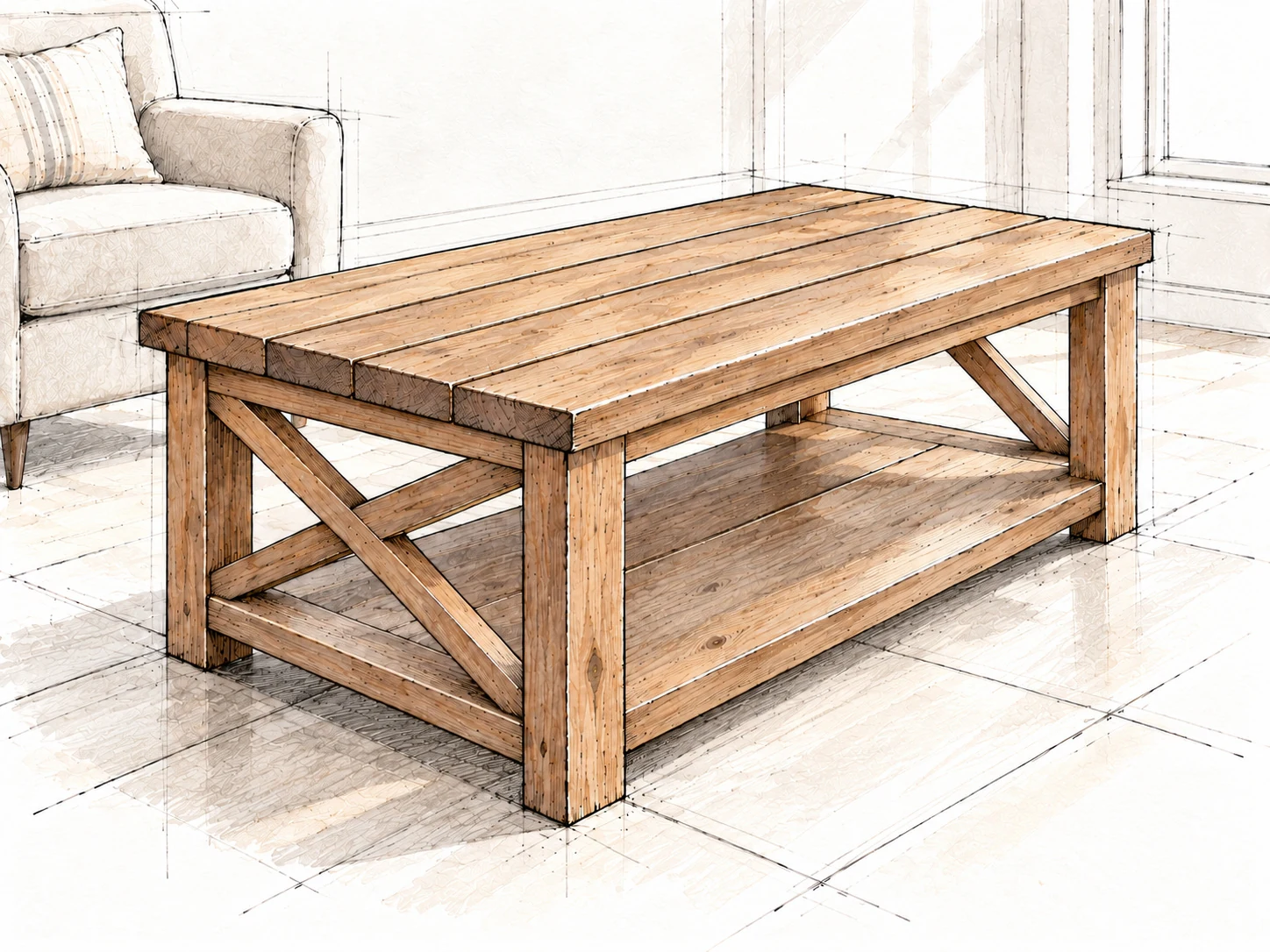 Rustic X Coffee Table illustrated woodworking plan