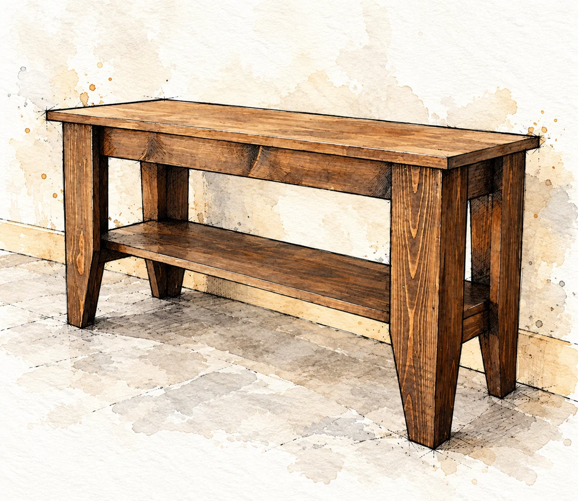 Simple Bench with Shelf illustrated woodworking plan